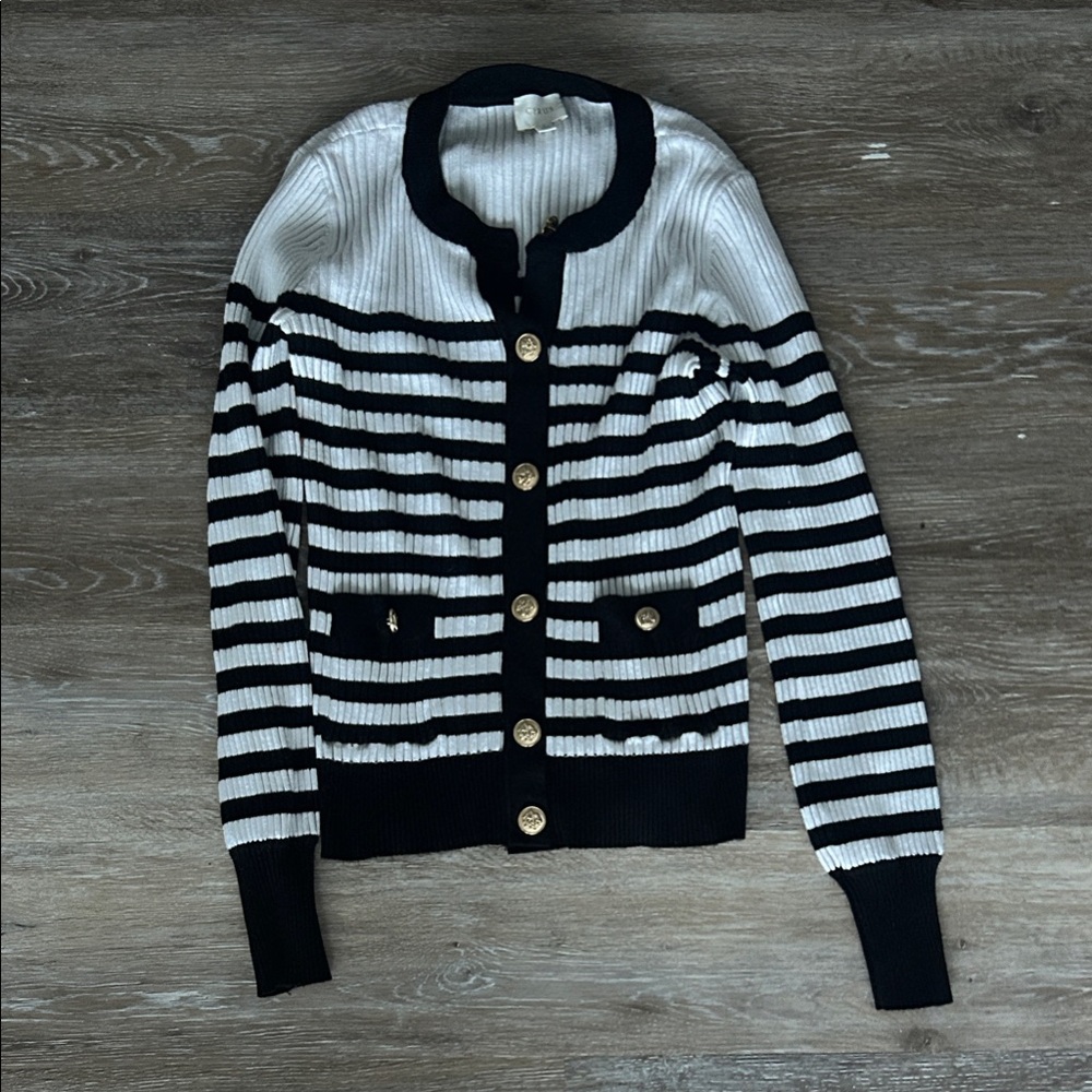 Cyrus Black and White Striped Cardigan with Gold Buttons